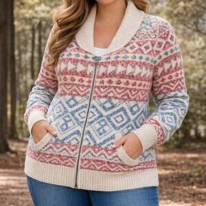 CAbi SZ XL Highlands Cardigan Fair Isle Zip Front Pockets Shawl Collar 3847